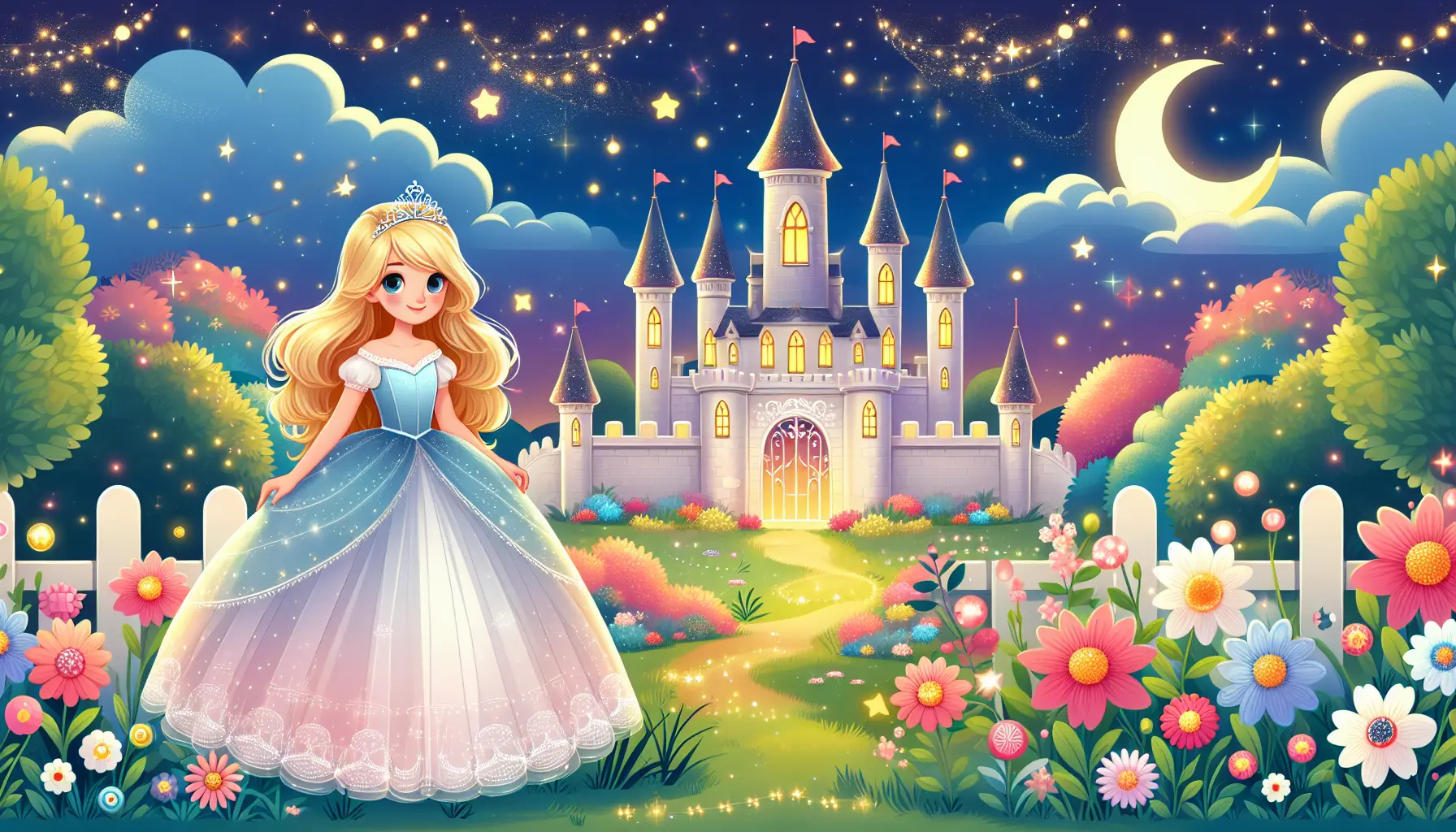 Blonde princess in the main perspective. She stands gracefully in front of a dreamy castle under a starlit sky, surrounded by a magical garden filled with whimsical flowers and twinkling lights.