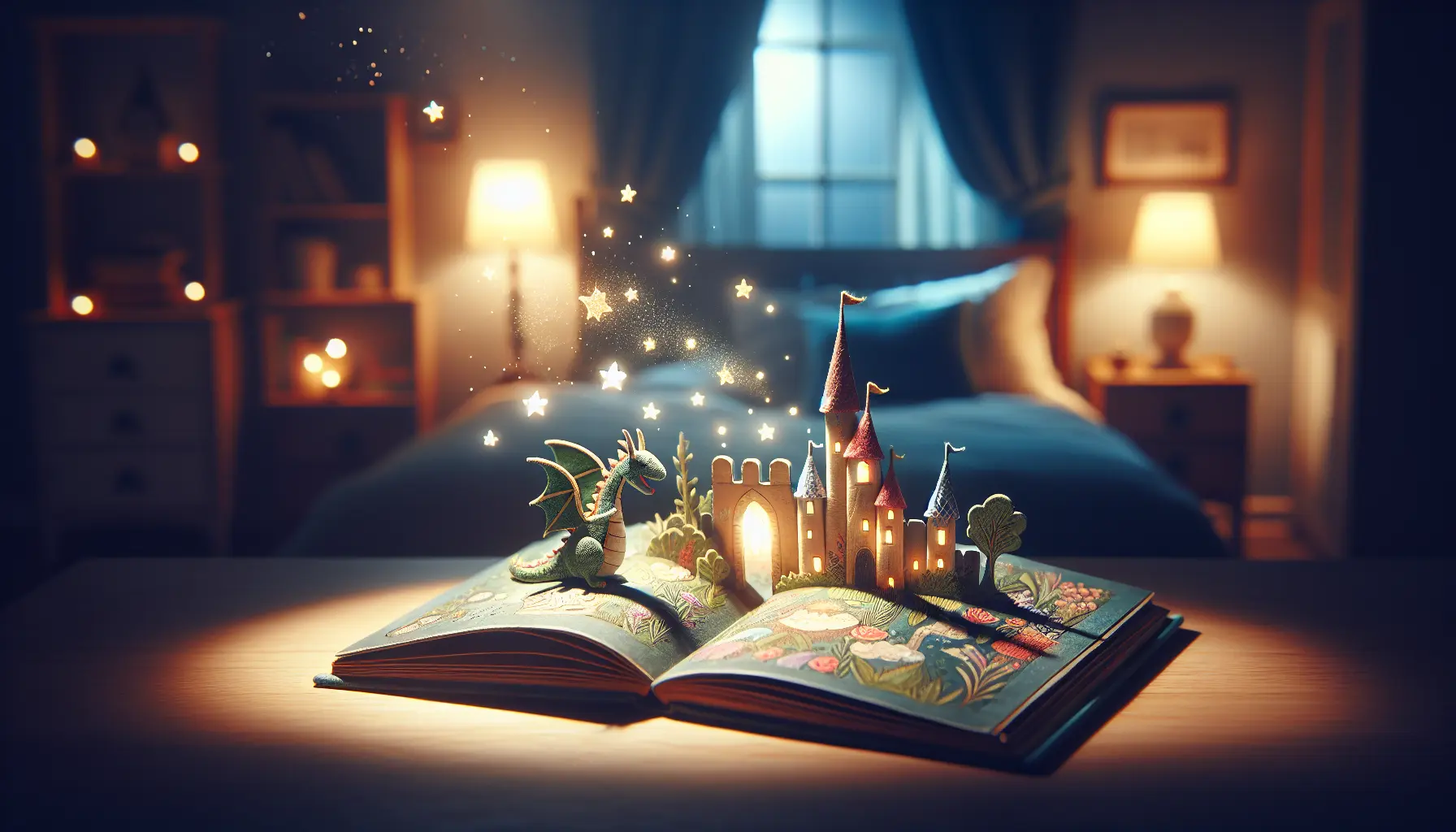 An open storybook with magical illustrations like a castle and dragon comes to life in a cozy bedroom setting, capturing the essence of short bedtime stories.
