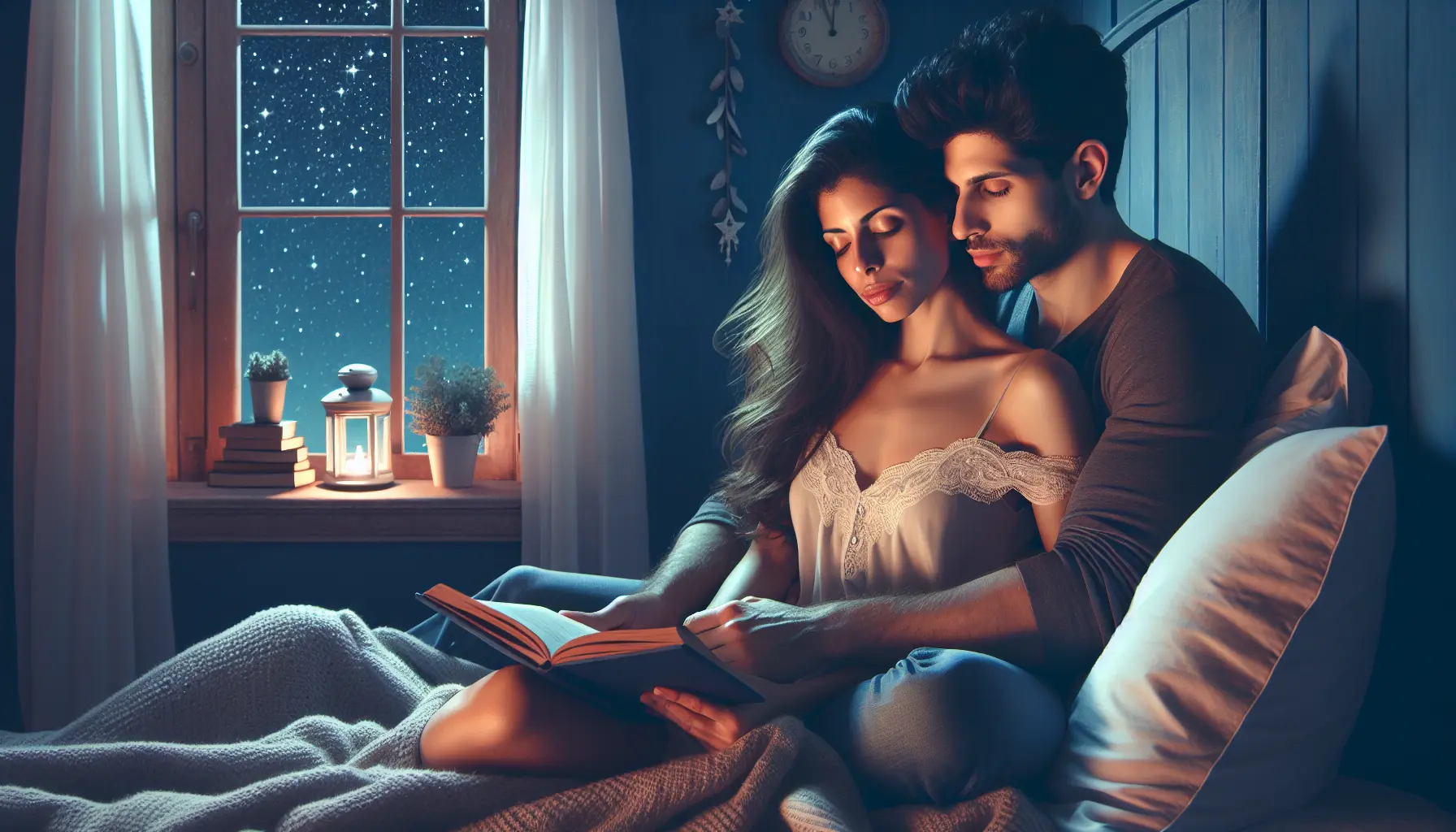 A couple sits together in a cozy bedroom, reading a book by the warm glow of a lamp, with a starry night sky outside, capturing the essence of romantic bedtime stories.
