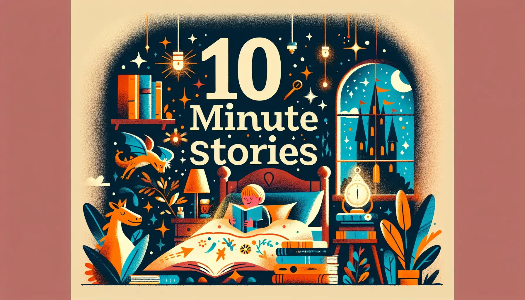 A cozy bedroom with a child in bed, a glowing storybook, and the text '10 Minute Stories' artistically integrated, surrounded by fairy tale elements like a whimsical castle and a friendly dragon, symbolizing the magic of 10-minute bedtime stories.