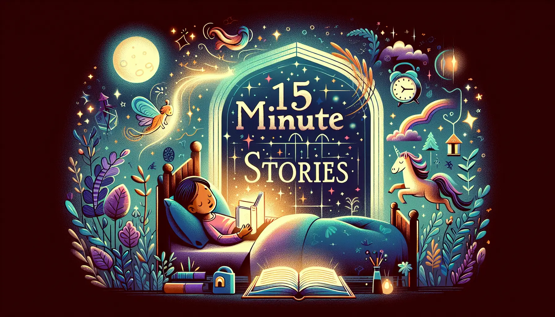 A cozy bedroom with a child in bed, a glowing storybook, and the text 