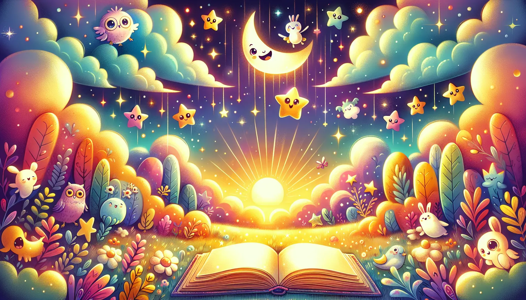 Whimsical and childlike image suitable for a bedtime story category. It features a cozy, imaginative setting with playful elements like a glowing storybook, cartoonish stars, and a friendly moon, all designed to evoke a sense of wonder and bedtime magic for young readers.