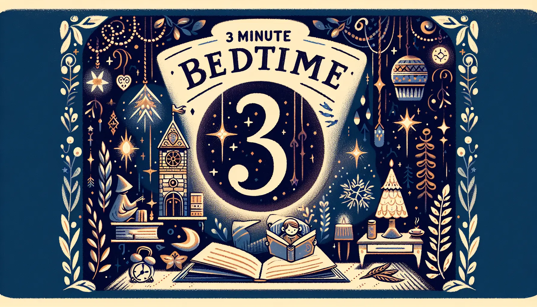 A cozy bedroom with a child in bed and a magical book glowing, surrounded by fairy tale elements like a castle, symbolizing the magic of 3-minute bedtime stories.