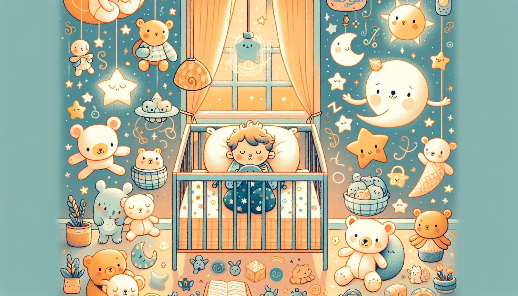 A cozy nursery with a toddler in a crib, surrounded by gentle storybook characters like a teddy bear and a sleepy moon