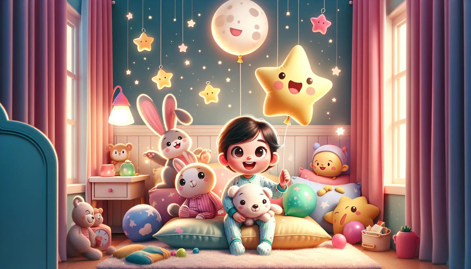 A cozy nursery with a toddler in pajamas, surrounded by friendly characters like a bunny and stars, captures the innocence of bedtime stories for 3-year-olds.