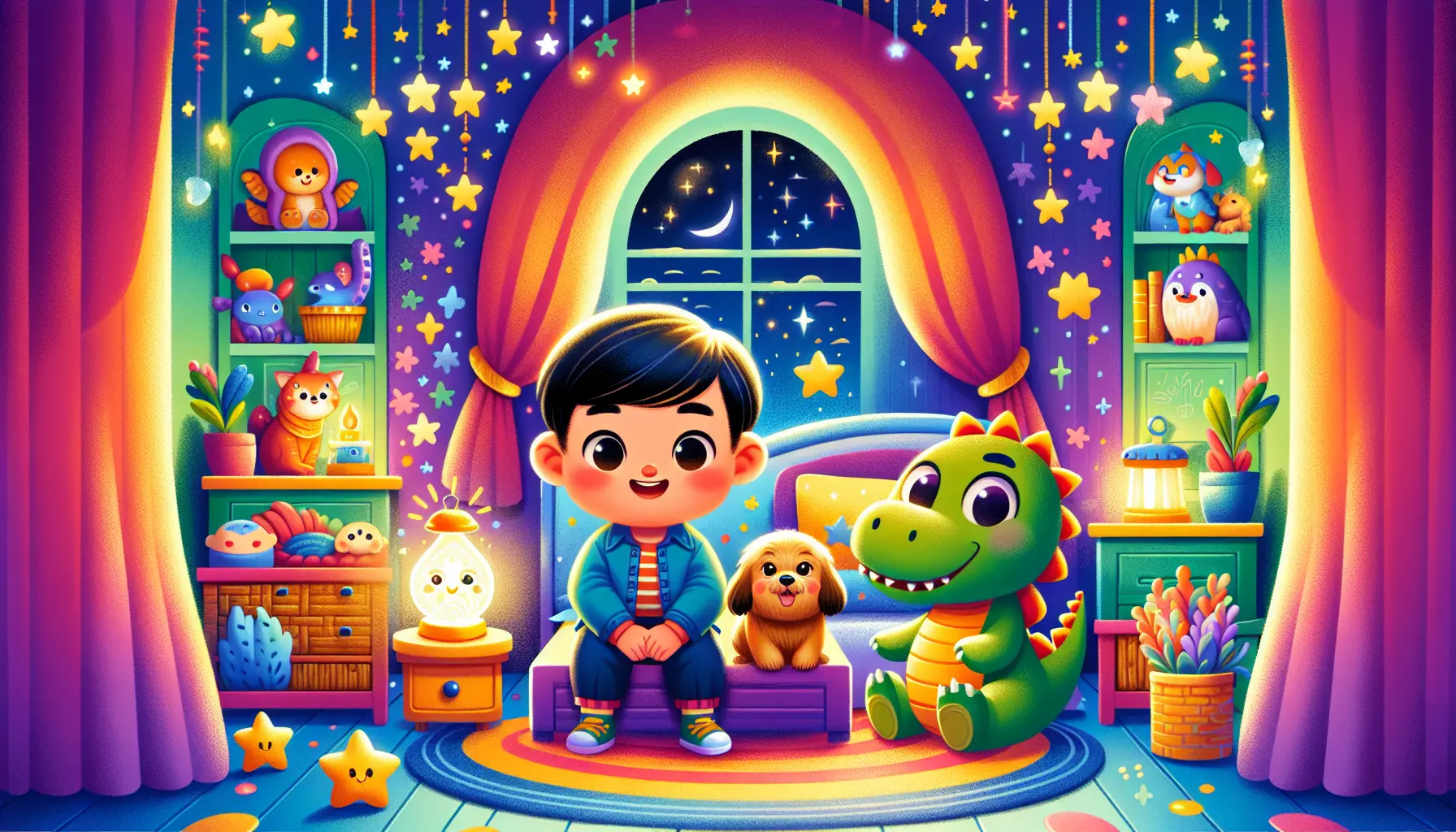 A colorful bedroom with a four-year-old child on a bed, surrounded by playful storybook characters like a puppy and a dinosaur, captures the joy of bedtime stories for 4-year-olds.