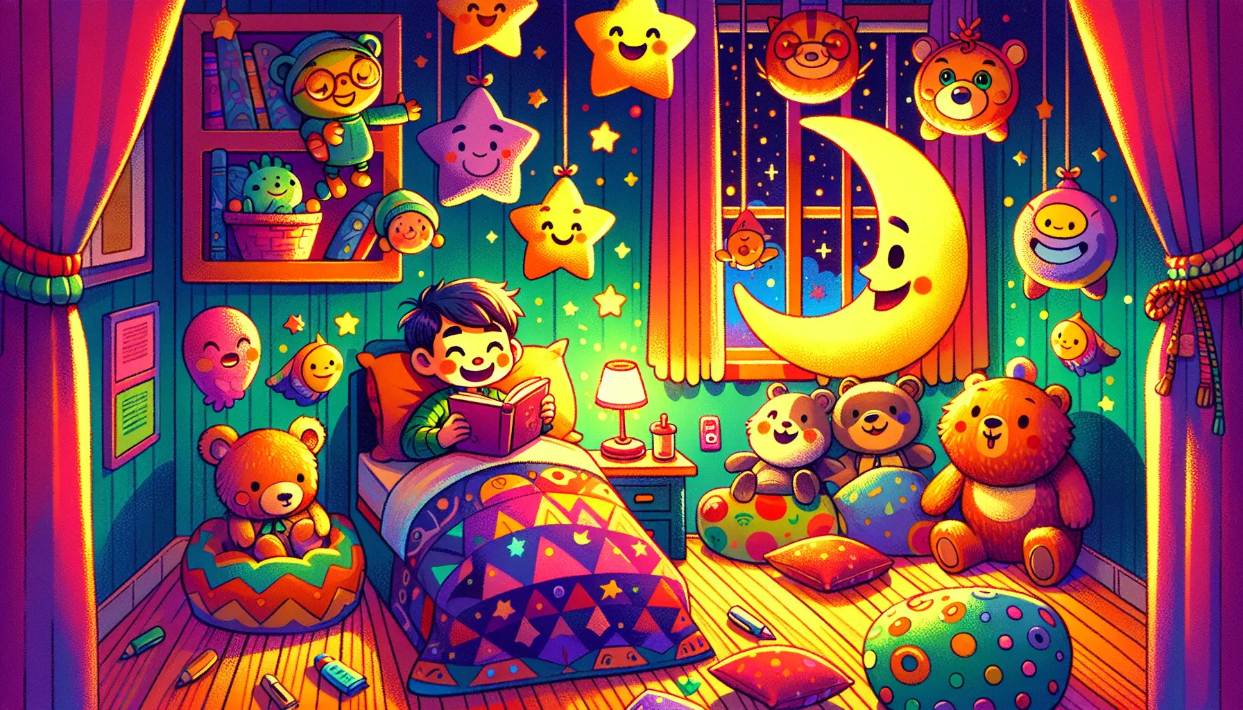 A colorful bedroom with a child under a blanket, surrounded by whimsical characters like a bear and stars, captures the joy of bedtime stories for 5-year-olds.