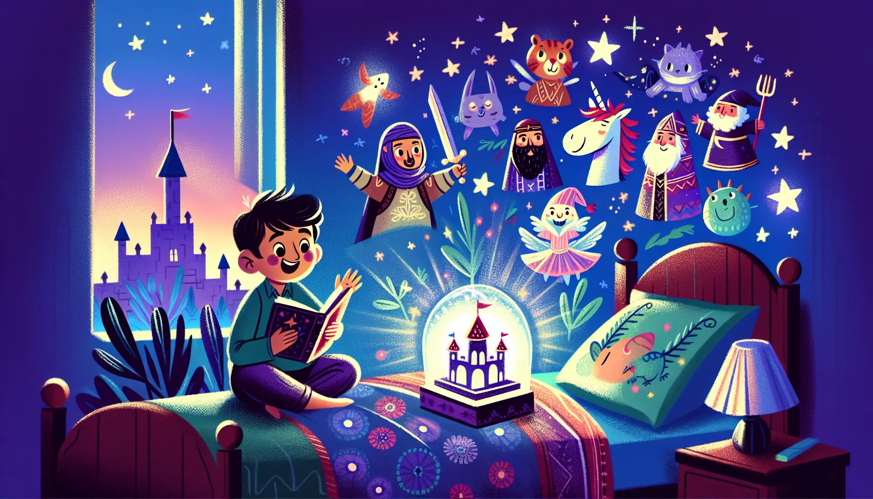 A cozy bedroom with a six-year-old child on a bed, surrounded by storybook characters like a knight and a unicorn, captures the excitement of bedtime stories for 6-year-olds.