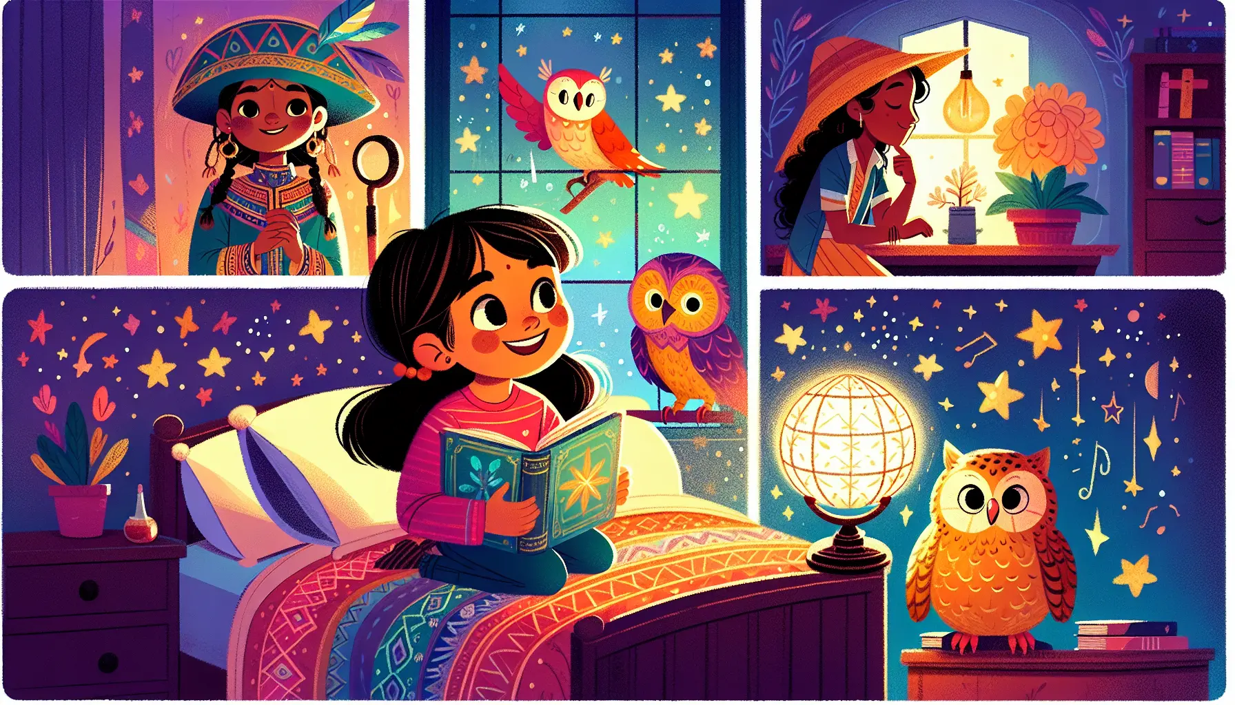 A whimsical bedroom scene with an eight-year-old child surrounded by an explorer and a talking owl, illustrating the magical world of bedtime stories for curious minds.