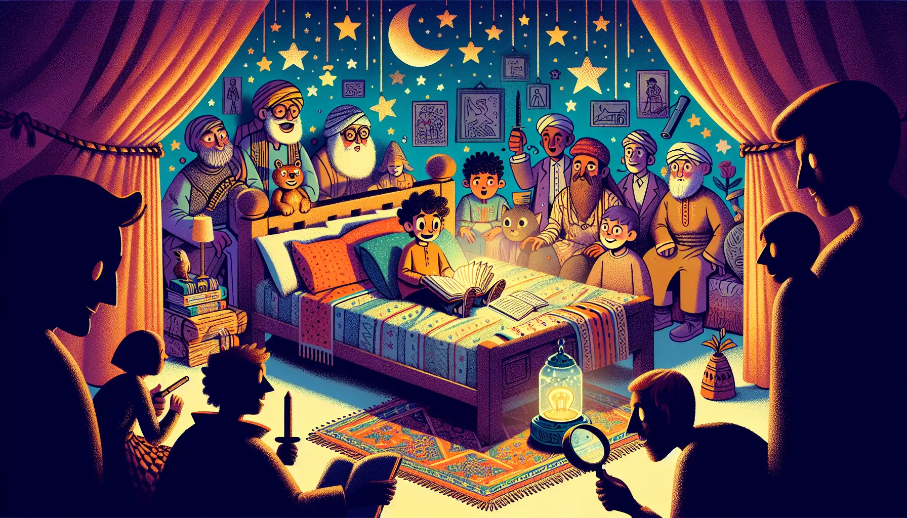 A cozy room with a nine-year-old child engrossed in a story, accompanied by a young detective and a mysterious cat, highlighting the intrigue of bedtime tales for adventurous spirits.