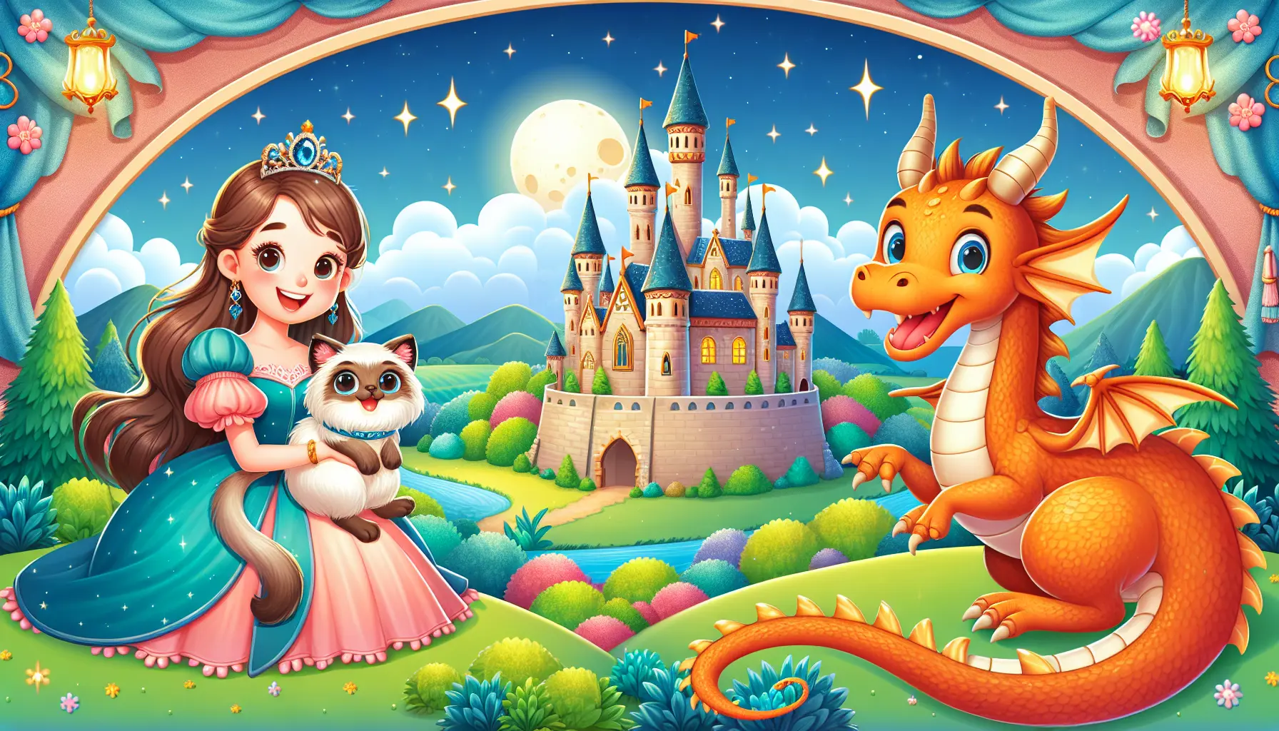 The princess holding pet unicorn with a dragon. Behind them there is a castle. Background is colorful and rainbow is on top of it.