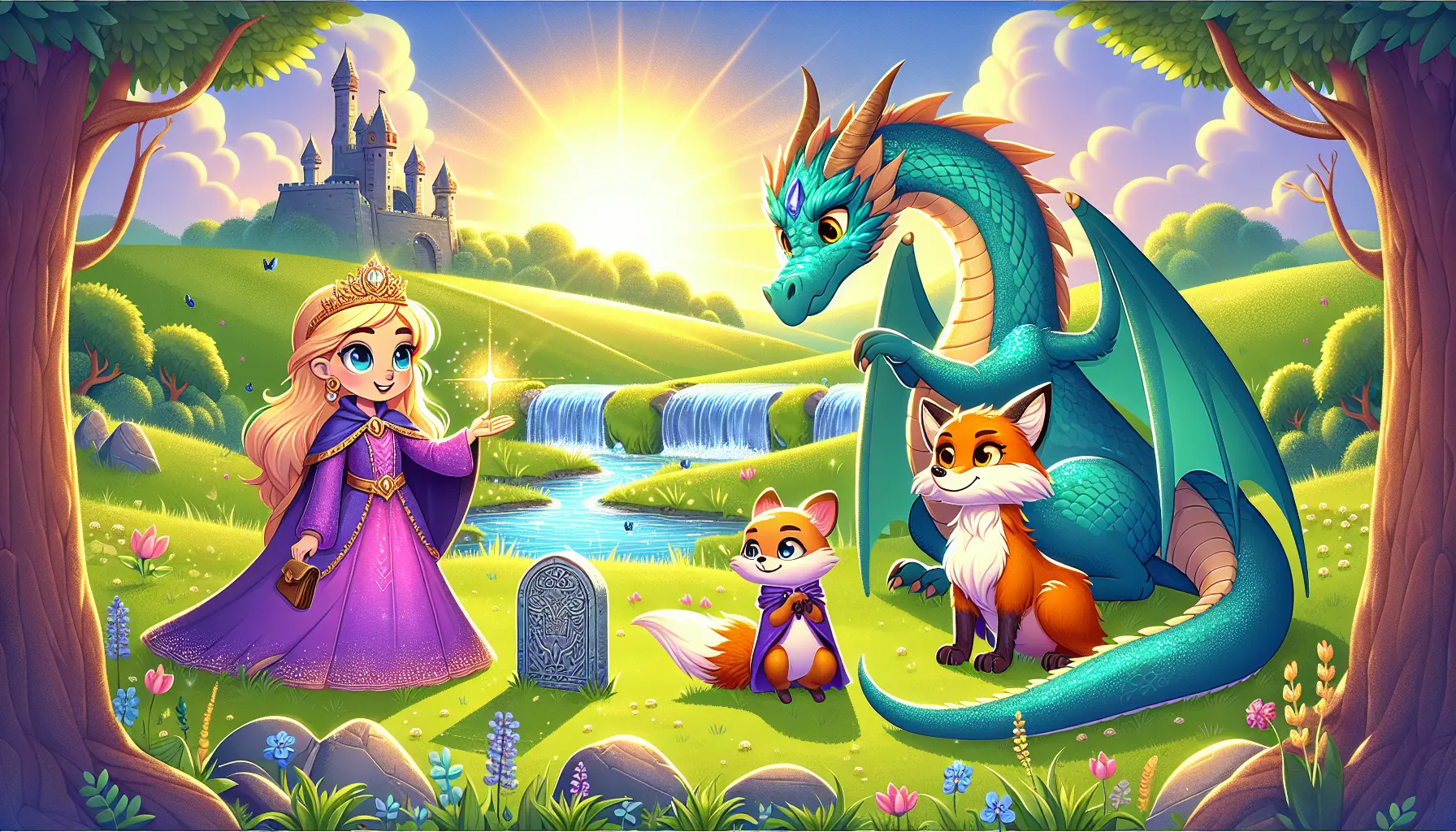 Illustration featuring Princess Aria, her pet fox Ember, and the wise dragon Zephyr on their adventure in the sunny valley. The image is designed with bright colors and a whimsical style.
