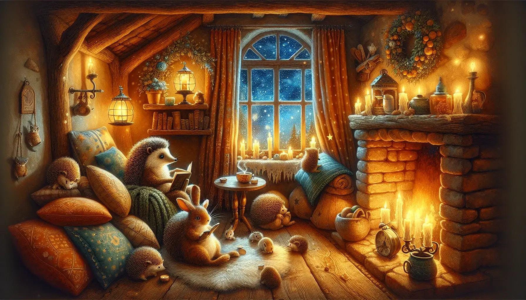 A warm, rustic cottage interior featuring gentle characters like a friendly hedgehog sipping tea, a curious rabbit reading a book, and a sleepy cat curled up by a fireplace. The setting is illuminated by soft, glowing candlelight, with plush cushions and a window showing a starry night sky. Warm colors such as soft oranges, browns, and yellows create a comforting atmosphere, evoking comfort and imagination, inviting young readers into a world of quick and delightful storytelling.