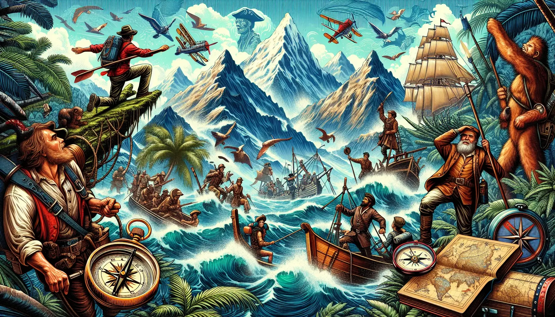 A colorful illustration for adventure stories, featuring explorers in jungles, climbing mountains, and sailing oceans. Vibrant colors highlight maps, compasses, and mythical creatures, conveying excitement, exploration, and bravery for thrilling escapades.
