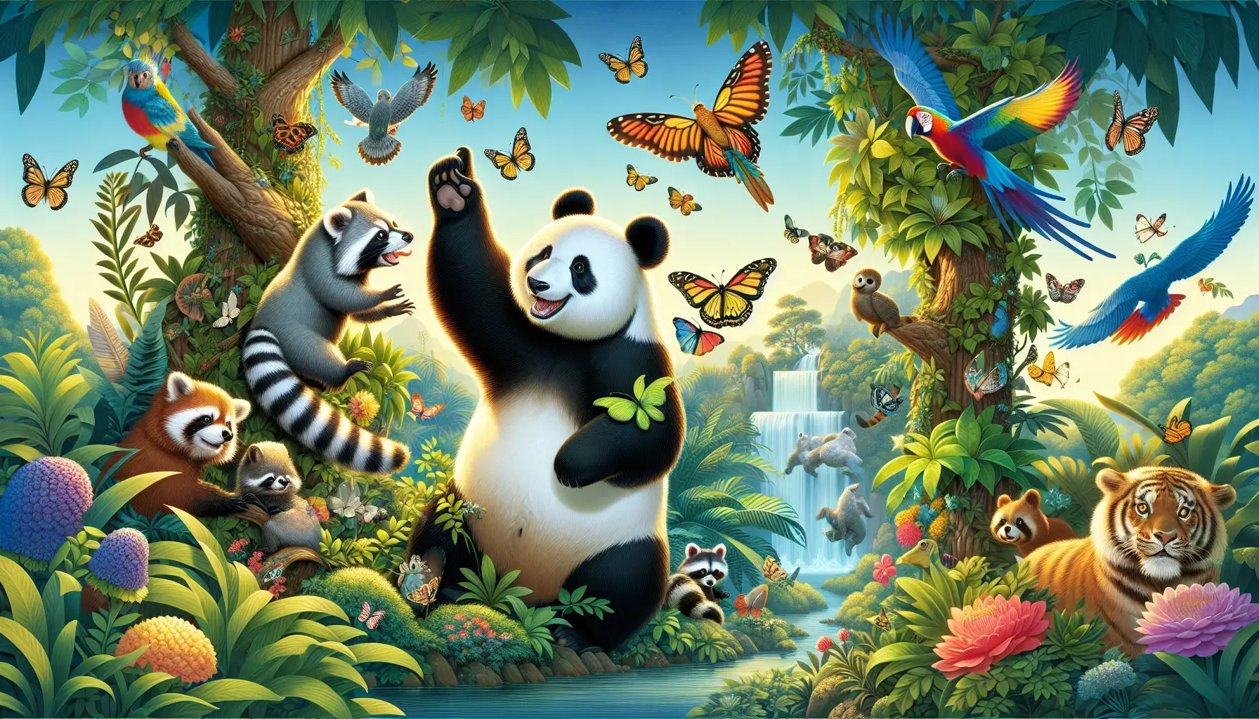 A colorful and dynamic scene featuring diverse animal characters, including a joyful panda playing with butterflies, a clever raccoon peeking from behind a bush, and a cheerful parrot flying above. The lush landscape is a vibrant jungle with dense trees, a flowing waterfall, and bright flowers. The interactions among the animals evoke wonder and excitement, inviting young readers into a world of imaginative and educational storytelling.