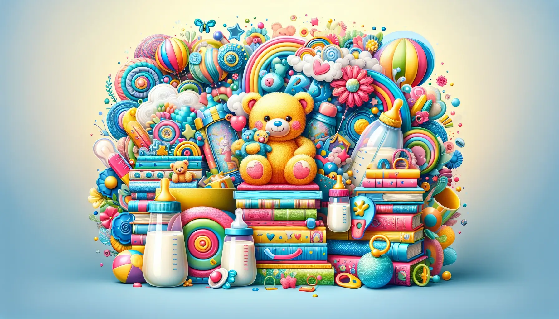 A colorful and playful illustration featuring a collection of baby toys and items. The scene includes a large yellow teddy bear sitting atop a stack of books, baby bottles, colorful balls, and various playful shapes. Bright colors and whimsical designs create a cheerful atmosphere, evoking a sense of childhood joy and imagination.