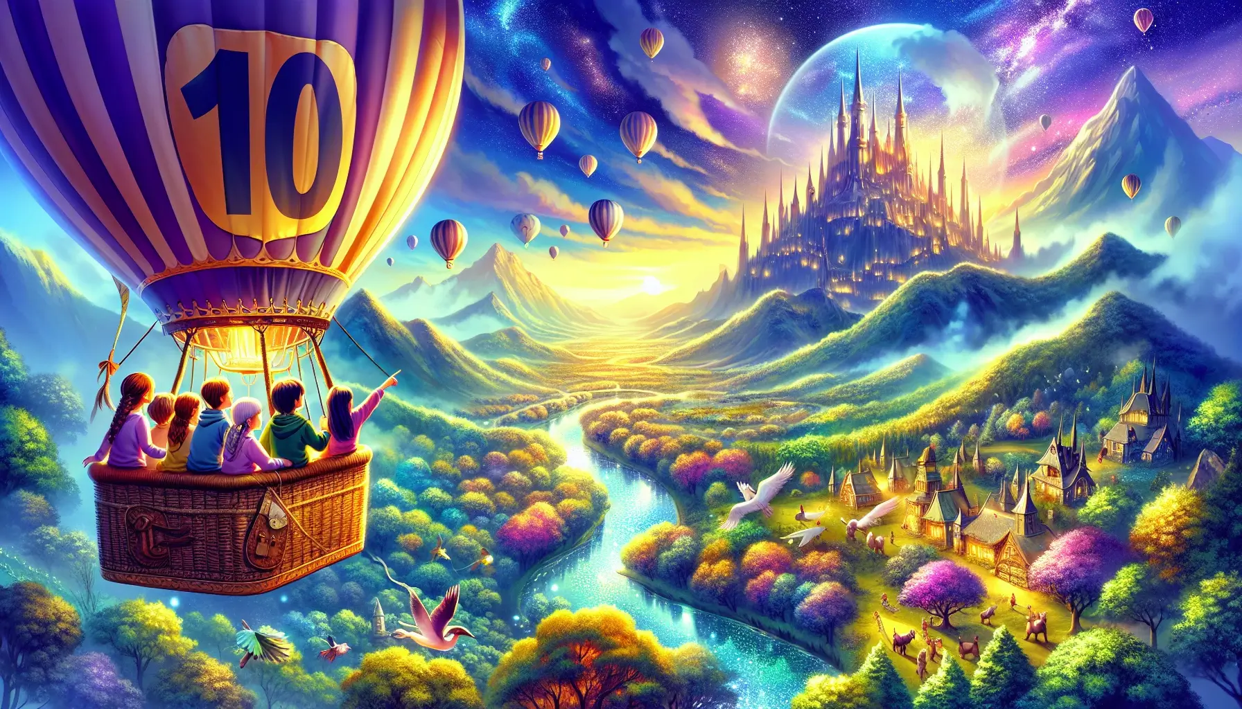An exciting and whimsical scene featuring a giant hot air balloon with a large number 10 on its side, floating over a fantasy landscape. Below, there are colorful hills, playful animals, and a sparkling river.