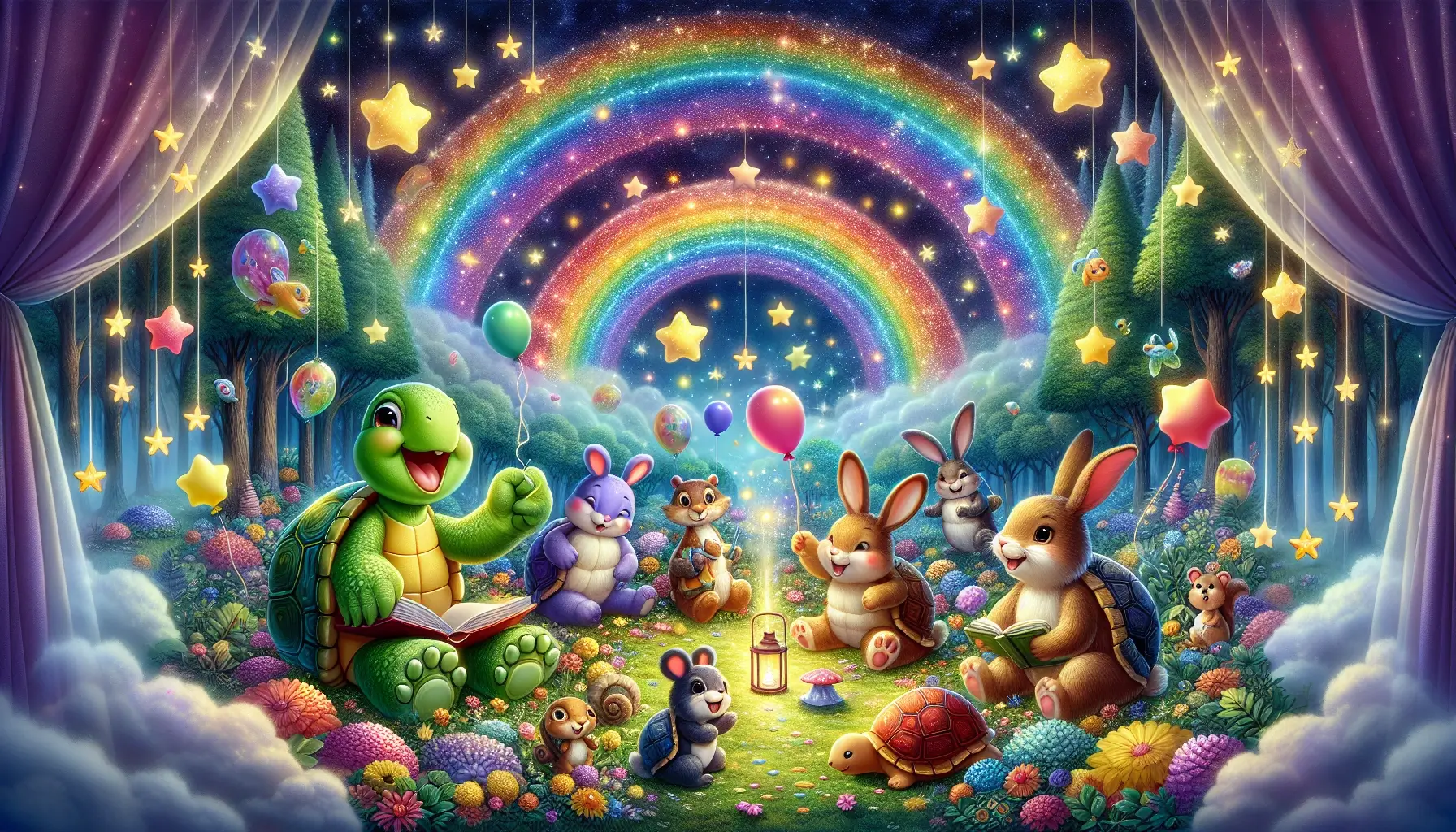 A whimsical illustration of a nighttime scene featuring a group of adorable animal characters gathered in a colorful forest. A cheerful turtle reads a book while surrounded by rabbits, a squirrel, and other playful creatures. They sit on a vibrant flower-filled meadow under a starry sky with rainbows and hanging stars. Balloons float around, creating a magical atmosphere perfect for bedtime stories.