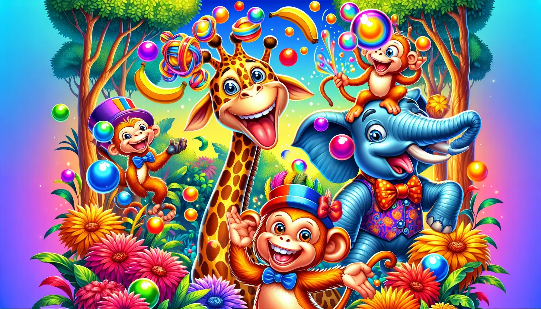A lively, whimsical jungle setting featuring colorful characters like a playful monkey juggling bananas, a smiling giraffe wearing a bow tie, and a cheerful elephant blowing bubbles. The scene is filled with bright flowers and trees, using a playful style full of joy and lively details, inviting young readers into a world of imaginative and entertaining storytelling filled with laughter and fun.