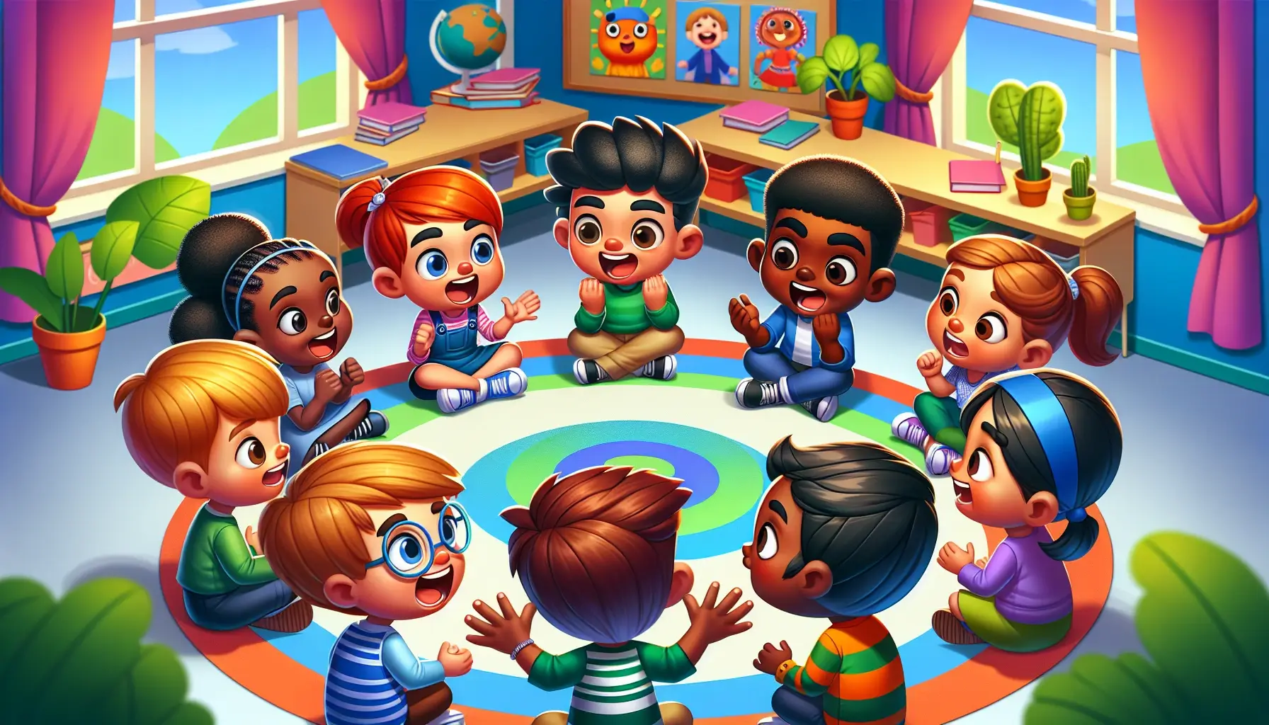 A lively scene in a classroom where animated cartoon children are engaged in a group discussion. The kids sit in a circle, expressing themselves with exaggerated gestures and joyful expressions. The colorful classroom is decorated with playful educational posters, creating a vibrant atmosphere.