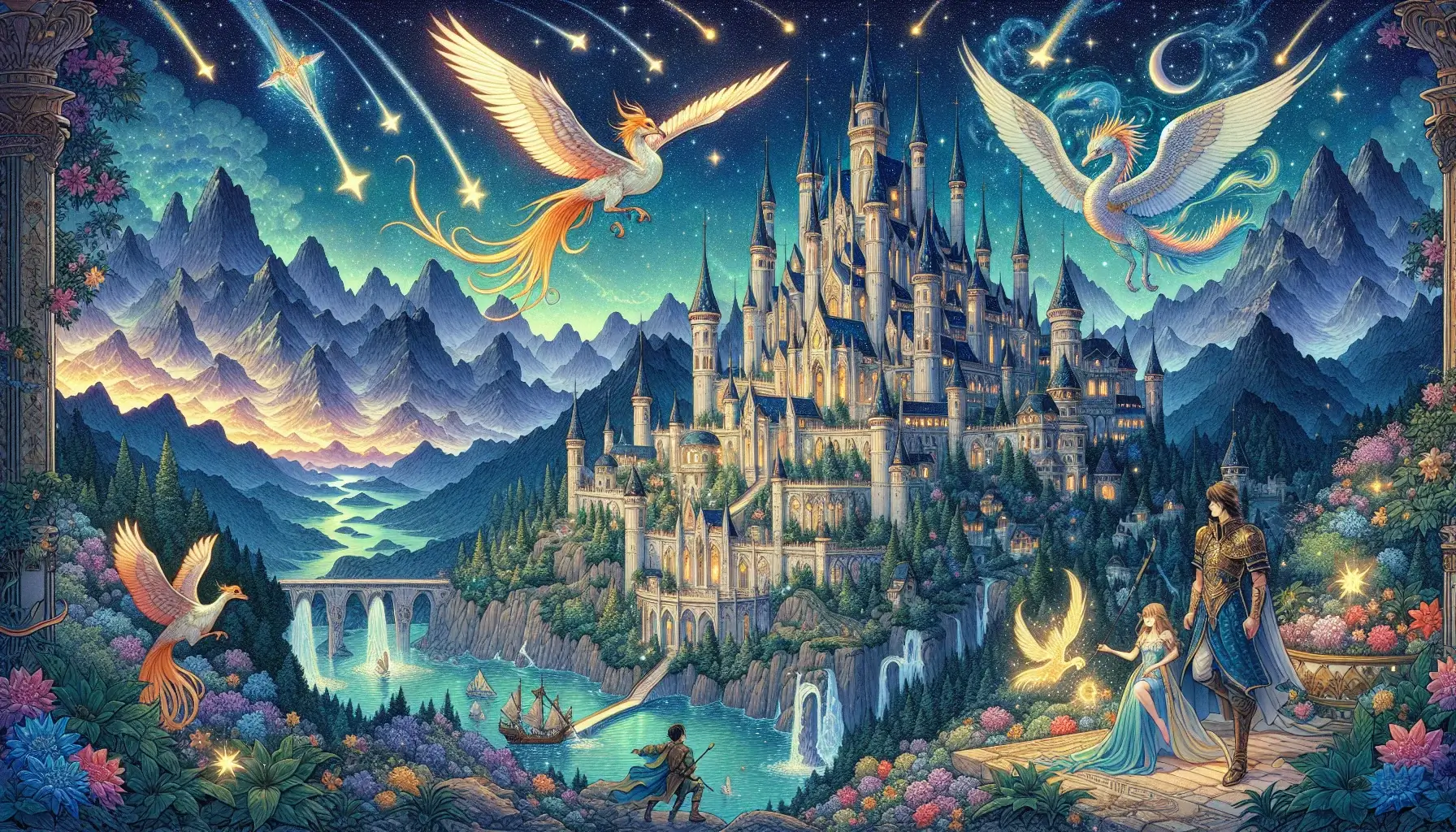 A sprawling castle nestled in a valley surrounded by magnificent mountains, with mythical creatures like phoenixes and mermaids. Iconic figures such as a noble king and an adventurous young hero explore a magical garden filled with glowing flowers. The night sky is illuminated by a cascade of shooting stars, adding to the mystical atmosphere. The scene is filled with enchanting elements, ensuring the entire horizontal space is covered with vivid colors and elaborate details, capturing the grandeur and fantasy of this magical world.