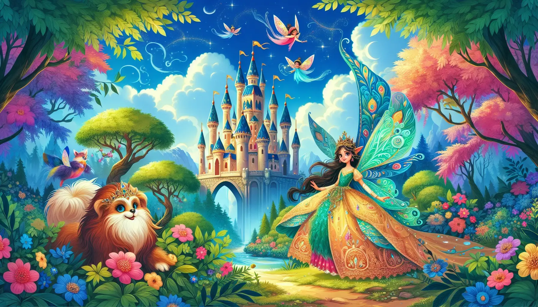 A whimsical and enchanting fairy tale scene featuring a majestic castle, a lush forest, and beloved characters like fairies and princesses. The image is filled with vibrant colors and intricate details, capturing the magical essence of fairy tales and creating a fantastical world that sparks the imagination of children at bedtime.