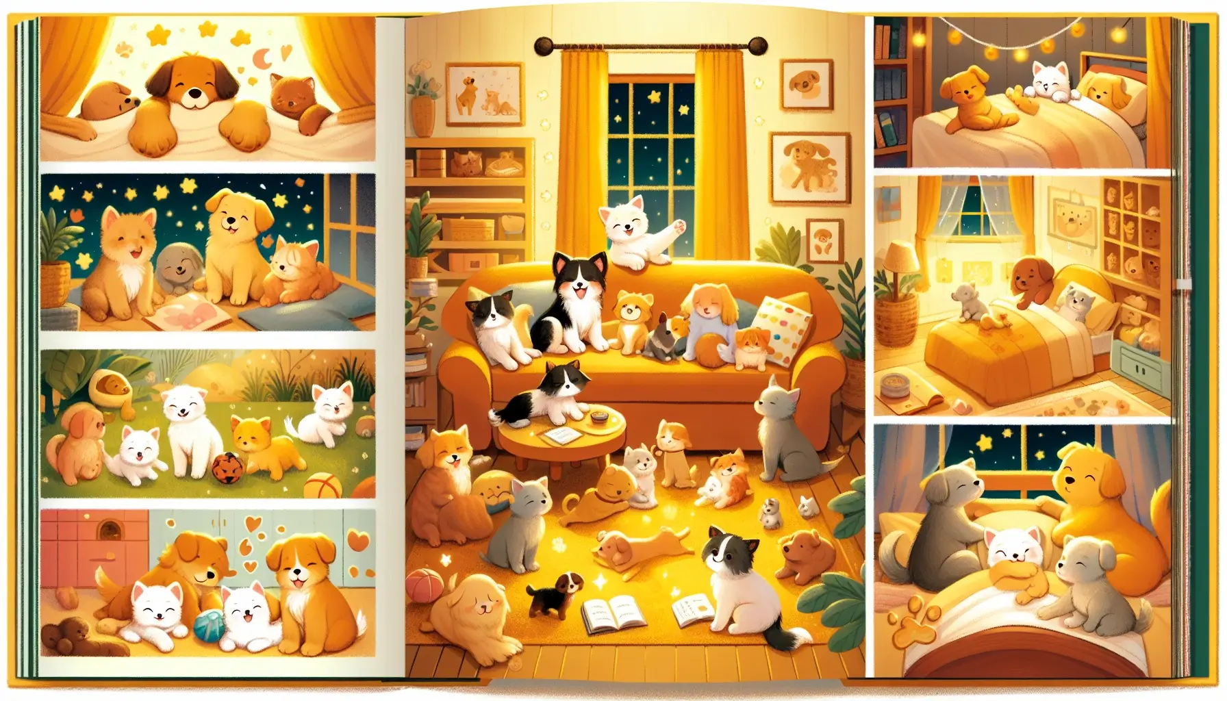 An illustration showcasing a variety of pets, including dogs and cats, in cozy and playful settings. The scene is filled with warm and inviting colors, depicting a comforting atmosphere with elements like a cozy home environment, playful interactions among the animals, and peaceful bedtime scenes. The overall design conveys warmth, companionship, and joy, appealing to children and pet lovers.
