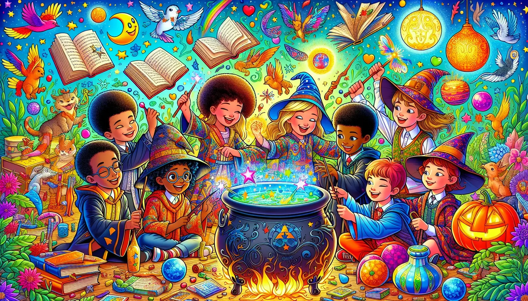 A whimsical scene with child-friendly witches and kids gathered around a bright and colorful cauldron, casting playful spells. The setting includes magical elements like floating spellbooks, sparkling wands, and friendly magical creatures, all in a vibrant and cheerful style.