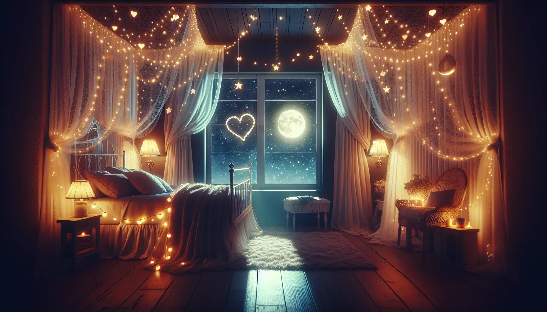 A romantic and dreamy scene featuring a cozy setting with a soft-lit room adorned with fairy lights and a canopy bed. The room overlooks a serene night sky filled with stars and a glowing moon, creating a warm and magical atmosphere.