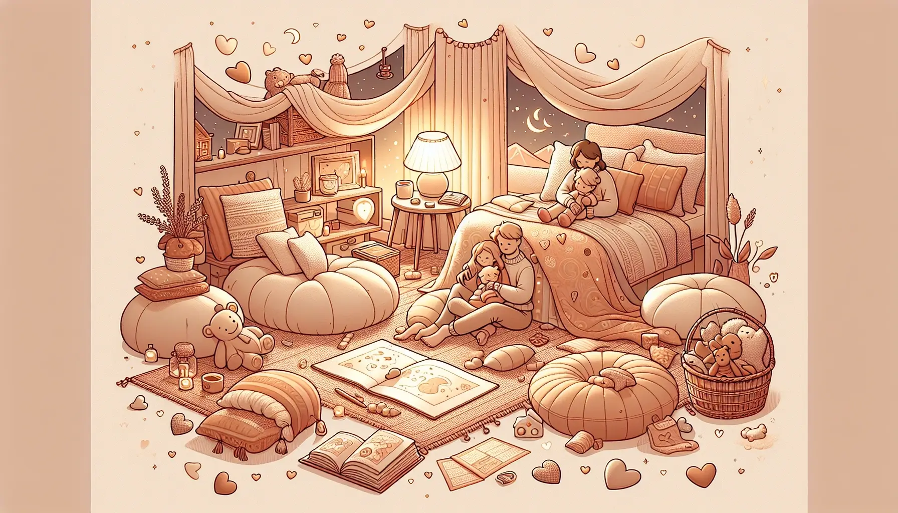 A serene and heartwarming scene with cozy settings, affectionate characters, and symbols of love such as hearts and warm colors. The soothing style captures the essence of love and connection, creating a tranquil atmosphere for peaceful bedtime experiences.