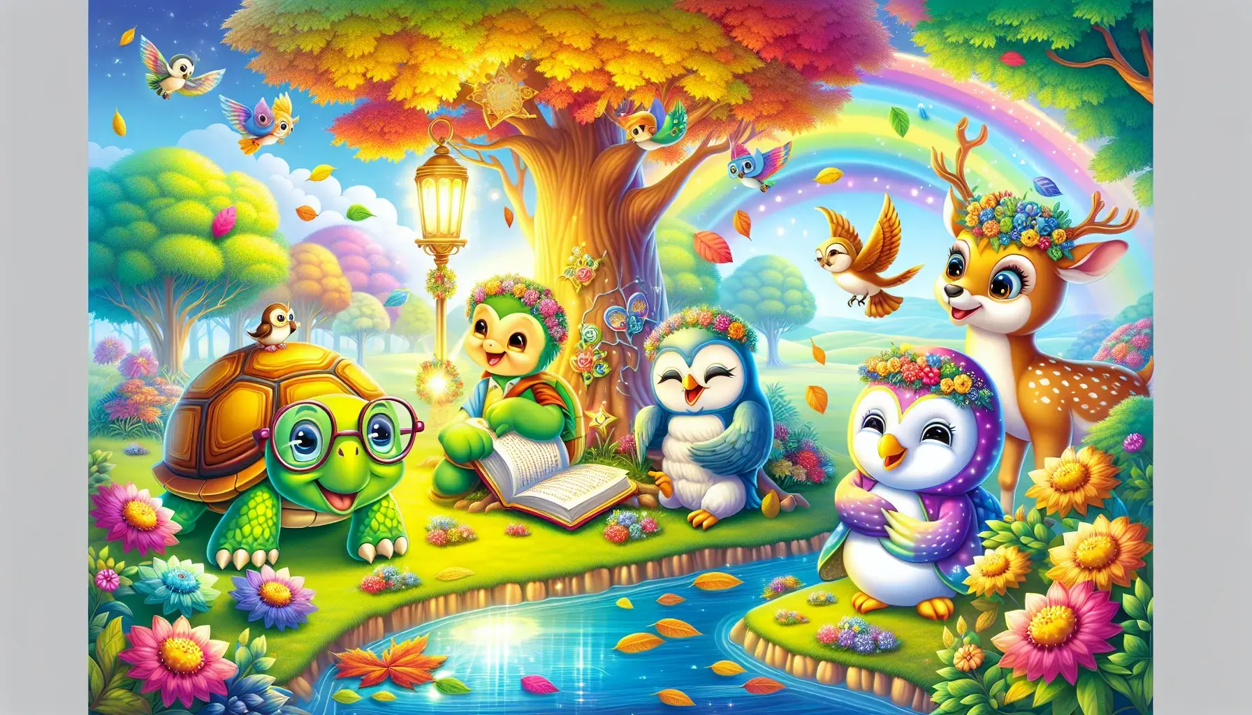 A vibrant and playful scene featuring cartoonish, wise characters like a smiling turtle with glasses, a playful owl holding a book, and a friendly deer wearing a flower crown. The setting is a lively forest clearing with a sparkling rainbow pond and a whimsical tree with colorful leaves. Symbolic imagery includes a bright, glowing lantern and animated autumn leaves, conveying insight and growth in a style that is inviting and enriching for young readers.