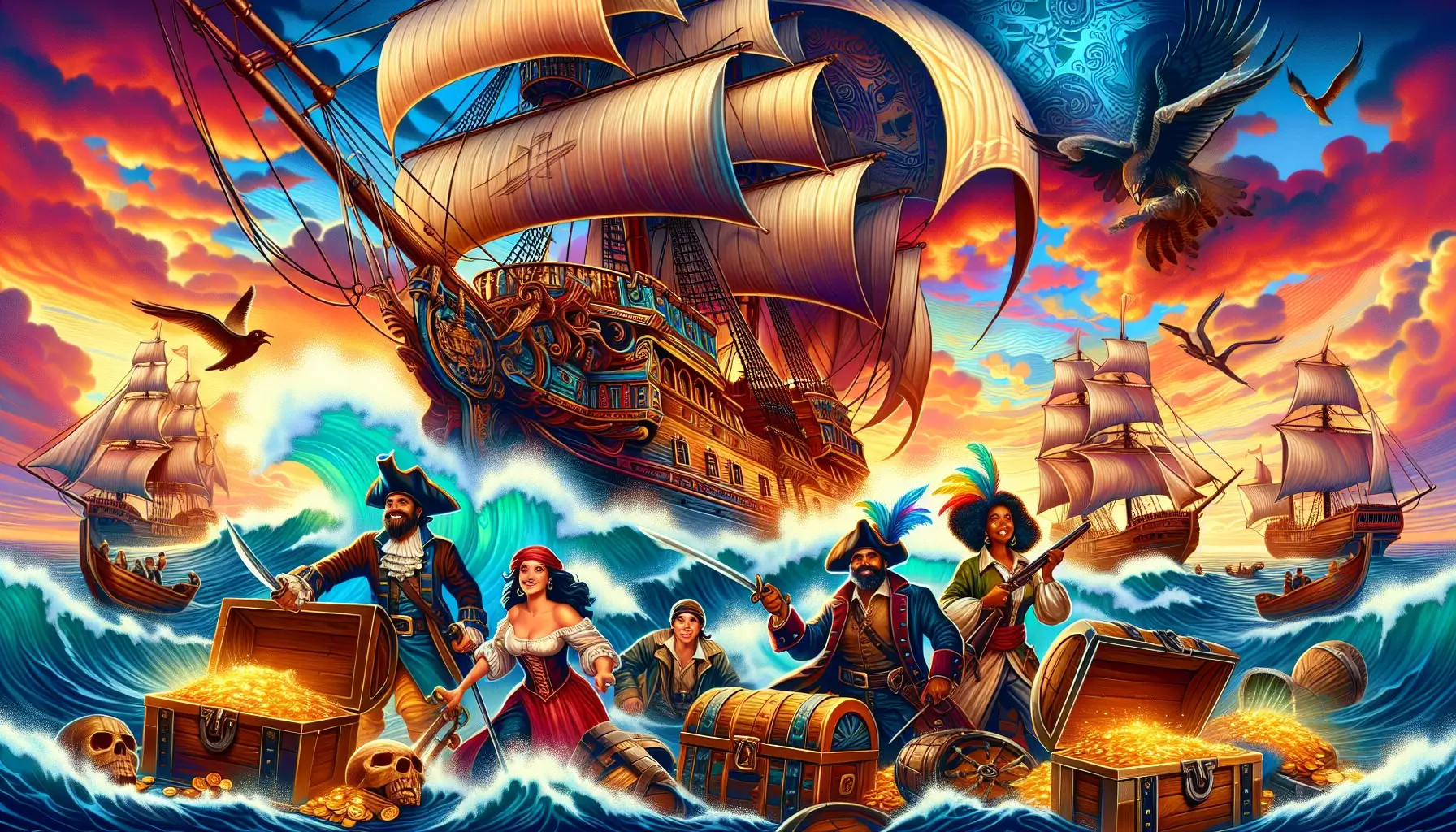 A vibrant and adventurous pirate scene with a pirate ship on the open sea, treasure chests, and a lively crew of pirates. The dynamic, colorful style captures the excitement and mystery of pirate adventures, creating a thrilling world of exploration and treasure hunting for young imaginations at bedtime.