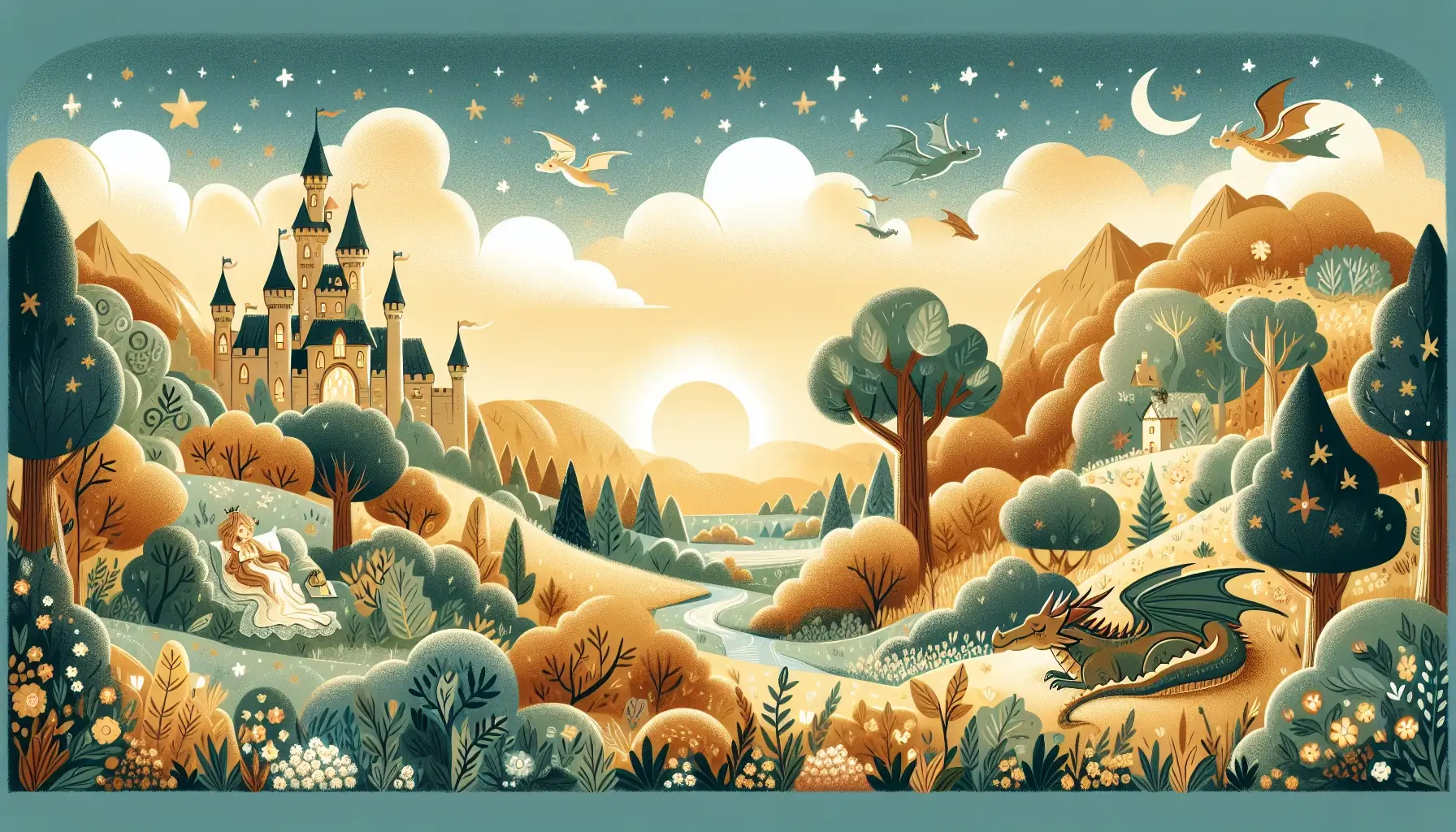 A cozy and enchanting scene depicting iconic elements from popular bedtime stories. The image features a whimsical landscape with beloved characters, a fairy-tale castle, a gentle dragon, and a mystical forest. The warm and inviting style captures the timeless charm and comfort of classic tales, creating a perfect setting for peaceful and imaginative bedtime experiences.