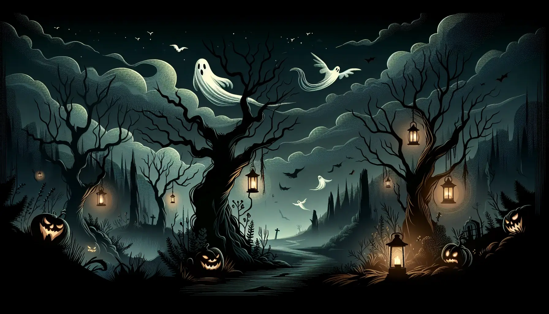 An eerie scene featuring mysterious ghosts in a shadowy landscape with twisted trees and foggy paths. The haunting details and dark, moody colors balance spookiness with intrigue, inviting young readers into a world of spine-tingling storytelling adventures.
