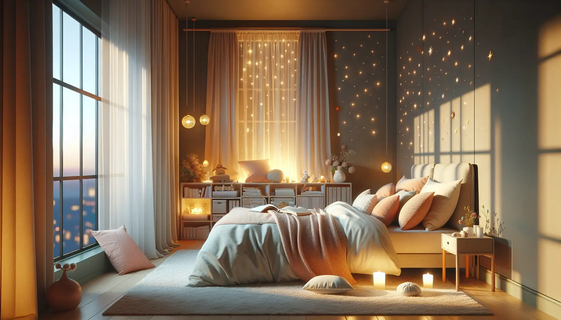 A serene bedroom scene designed for adults, featuring a cozy bed with soft, inviting pillows and a gentle, warm light casting a peaceful glow. The room is decorated with calming colors and minimalist decor, including a small bookshelf with bedtime stories and a window showing a tranquil night sky with twinkling stars.