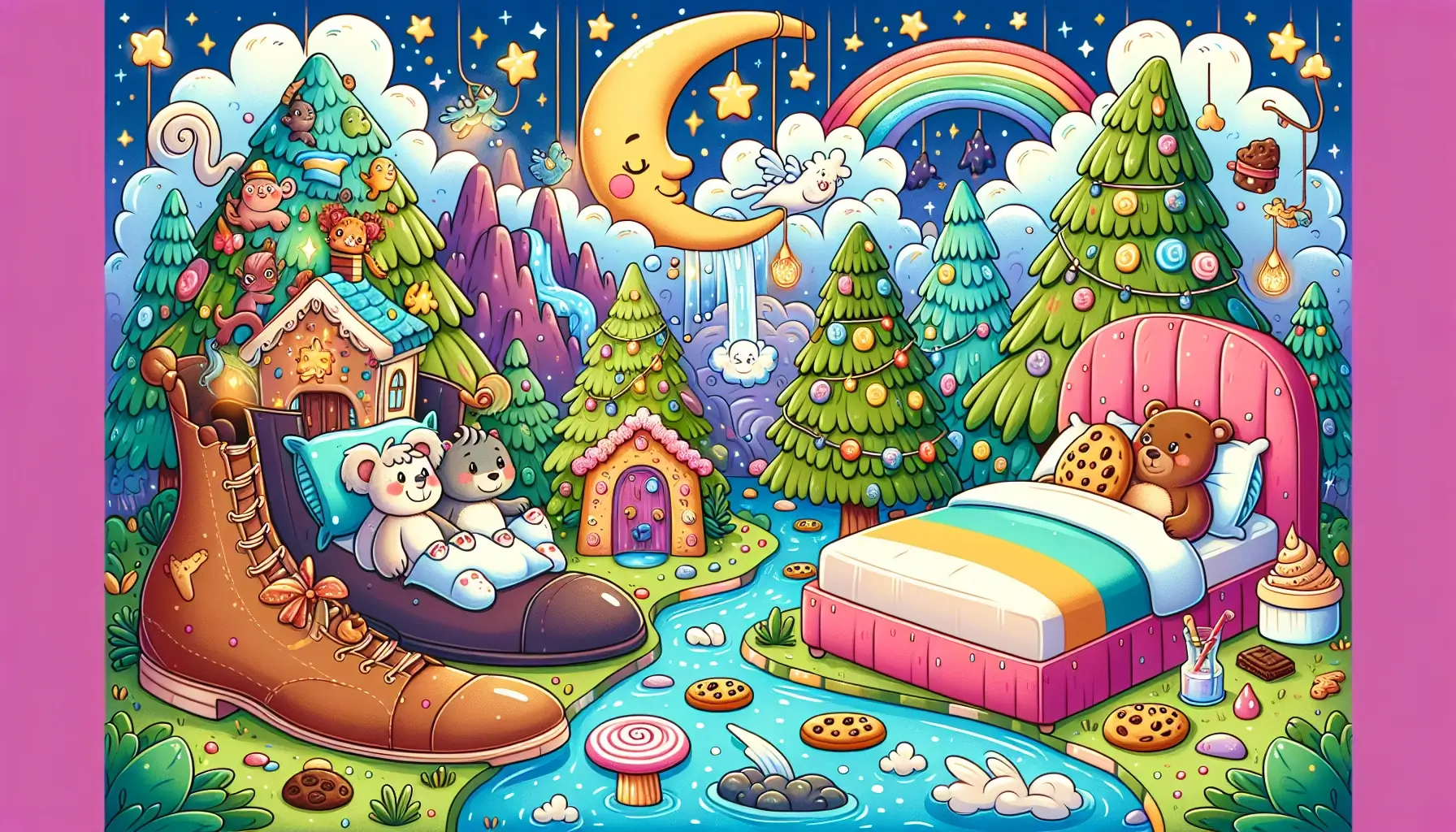 A whimsical and colorful scene with friendly cartoon characters in cozy bedtime settings. The playful style is perfect for young children, with vibrant colors and joyful elements that inspire imagination and create a peaceful atmosphere.