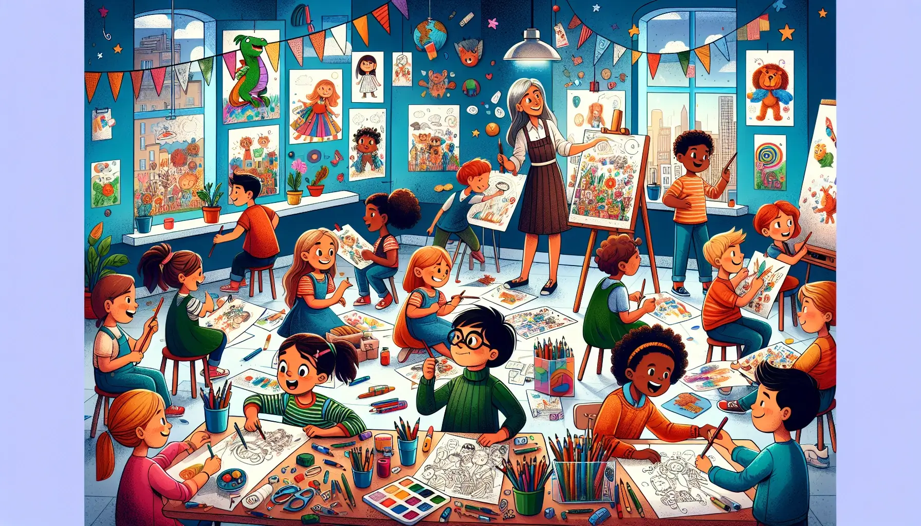 A cheerful and creative scene featuring an art class where children are illustrating their favorite stories. The classroom is filled with colorful art supplies, drawings, and storyboards, with students enthusiastically creating vibrant illustrations.