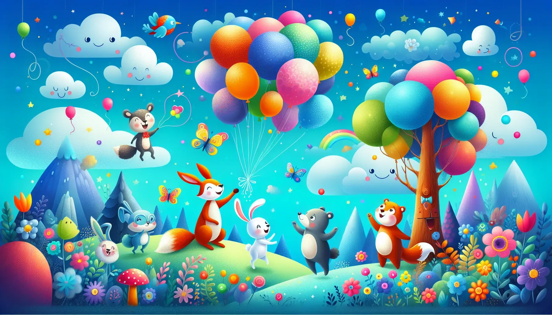 A playful and vibrant scene featuring friendly characters like talking animals and whimsical elements such as floating balloons and magical trees. The style is colorful and inviting, capturing the imagination of preschoolers and inspiring joyful and magical bedtime experiences.