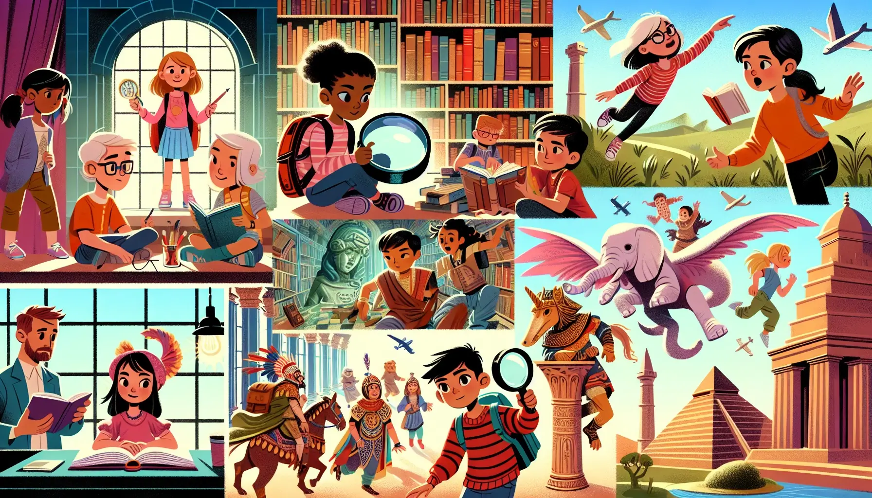 An illustration featuring diverse children engaged in various activities related to reading and exploration. Scenes include a girl holding a magnifying glass in a library, children reading books, imaginative adventures with mythical creatures, and historical figures. The vibrant colors and playful imagery evoke a sense of curiosity and adventure in learning.