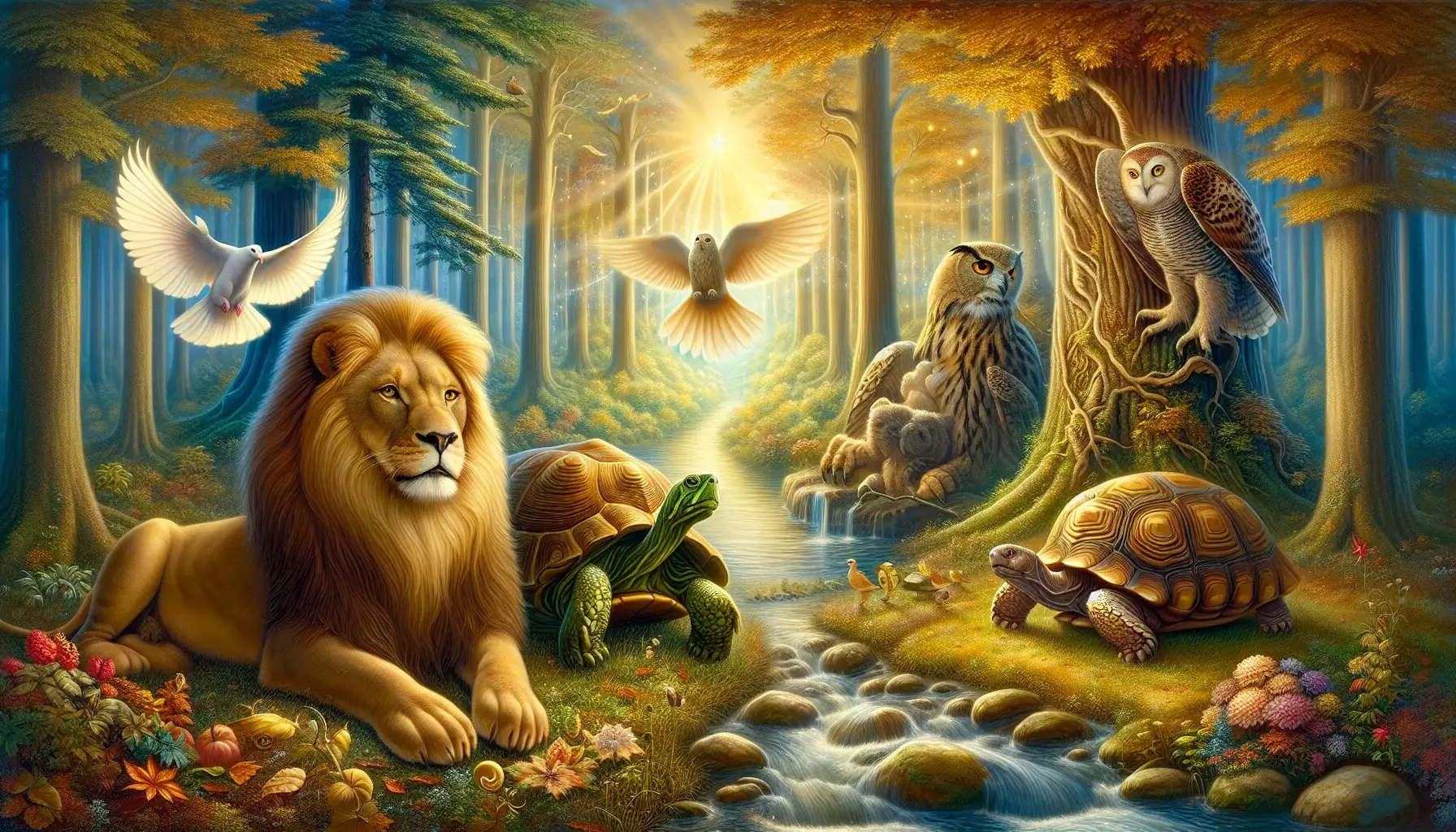 A contemplative scene featuring impactful characters such as a wise lion with a flowing mane, a meditative turtle with an ancient shell, and a thoughtful owl perched on a branch. The setting is a serene forest glade with a gentle stream and towering, mystical trees bathed in golden light. Symbolic imagery includes a radiant sunbeam breaking through the canopy and fluttering doves, conveying wisdom and reflection. The style is rich and contemplative, inviting readers into a world of insightful and transformative storytelling.