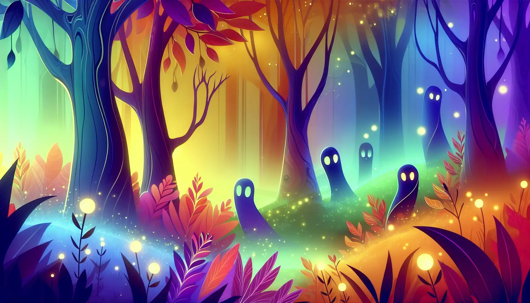 A vibrant and whimsical scene featuring a misty landscape with playful, cartoonish mysterious figures peeking from behind brightly colored trees. The setting includes glowing orbs resembling friendly fireflies and a gentle breeze rustling through the leaves. The use of vibrant colors and soft edges creates a balance of intrigue and mystery, perfect for inviting young readers into a world of imaginative storytelling adventures.