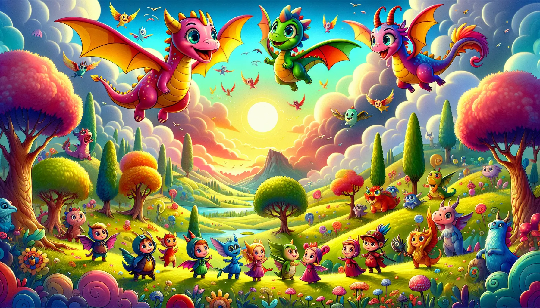 Cute, colorful dragons playfully soar through a whimsical landscape. Brave, cartoonish adventurers, with exaggerated features and bright costumes, stand on a hill, overlooking a valley filled with cheerful, animated trees and friendly creatures. The sky features a vibrant mix of fluffy clouds and a shining sun, creating a lighthearted and fantastical atmosphere. The style is childlike and vivid, with bold colors and simple, charming details, inviting young readers into a world of fun and captivating storytelling.