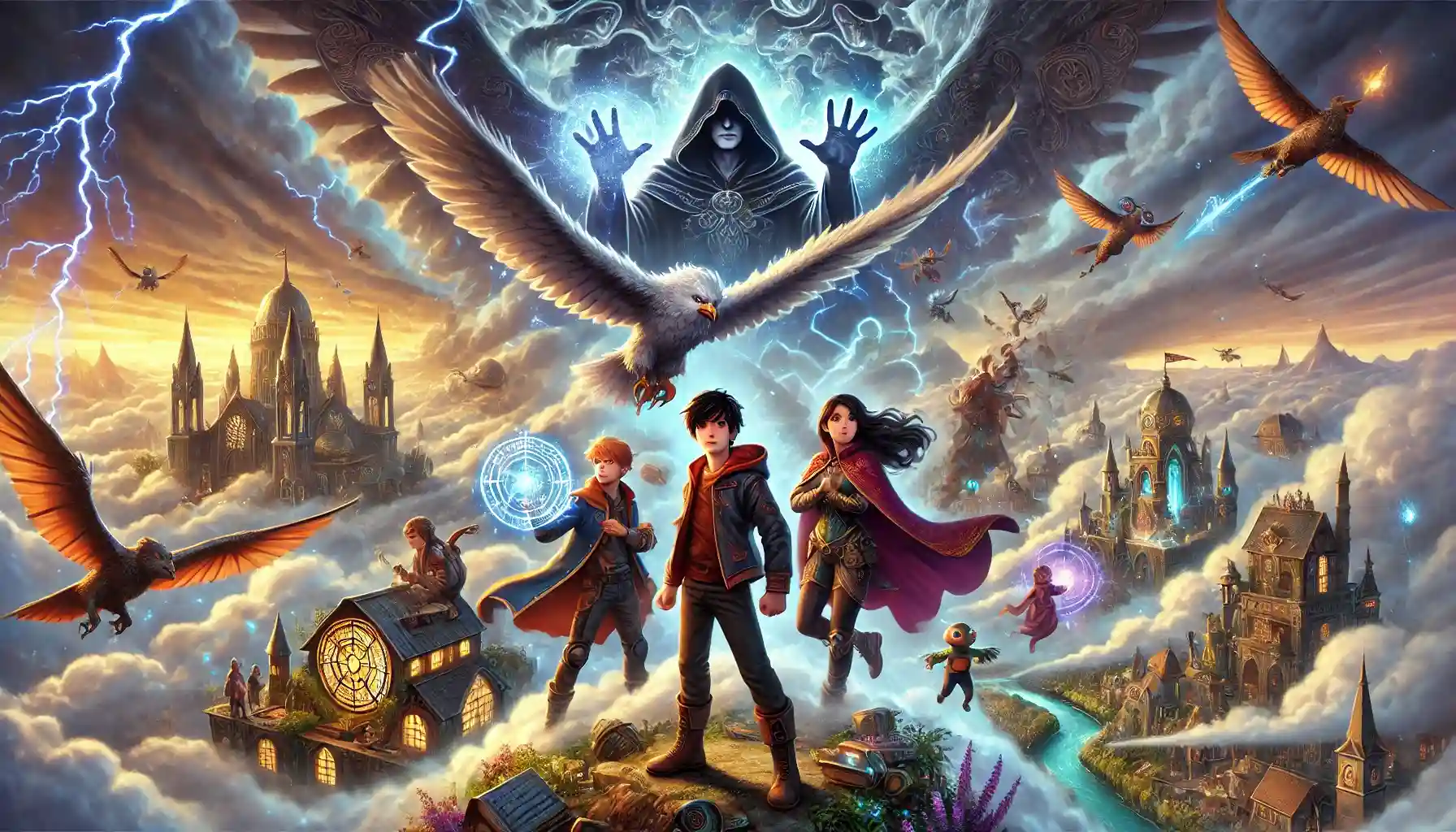 A group of young heroes stands together in a stormy, magical city above the clouds, facing a powerful sorcerer in the distance. Kira, the Cloud Weaver, hovers nearby, while ancient structures and swirling clouds create a thrilling atmosphere of danger and adventure.