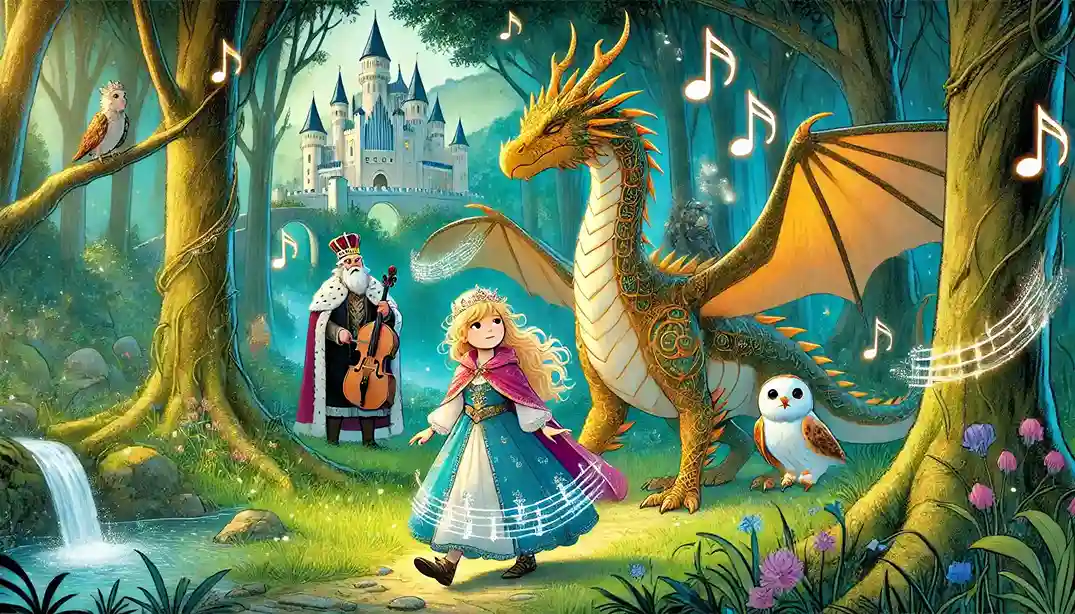 Princess Elinor walks through an enchanted forest with her wise pet owl, Nimbus, and a musical dragon named Solstice, as they search for a mystical melody. In the background, King Thorne and Queen Isolde watch from the castle, worried about their kingdom's fate.