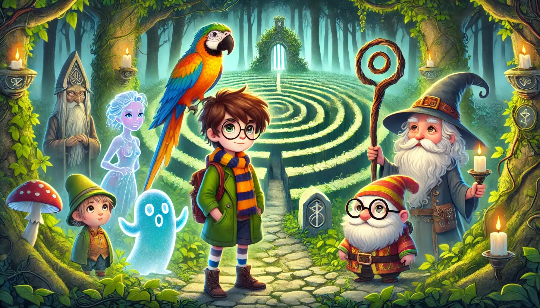 The picture is featuring the young boy, parrot, friendly ghost, wise witch, and grumpy gnome at the entrance of the magical labyrinth.