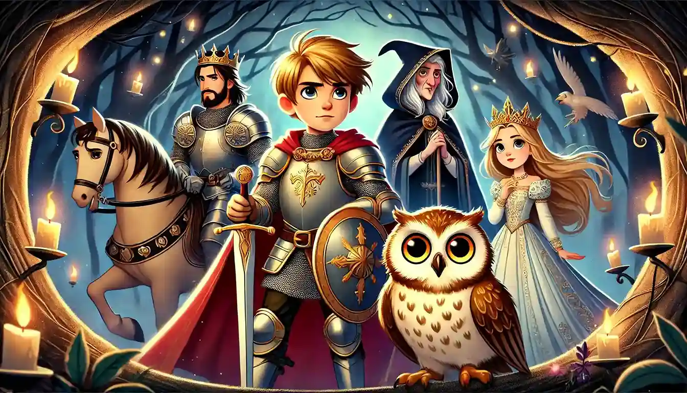 A brave knight in shining armor stands beside a wise owl in an enchanted forest, seeking a magical sword. In the background, an evil witch looms over a trapped king and princess, casting ominous shadows.