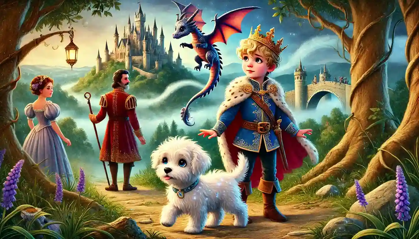 Here's the illustration of Prince Thomas, his tiny dragon Flicker, and their sheepdog Barnaby, setting off on an adventure to save the kingdom from the mysterious fog. Let me know if you'd like any changes!