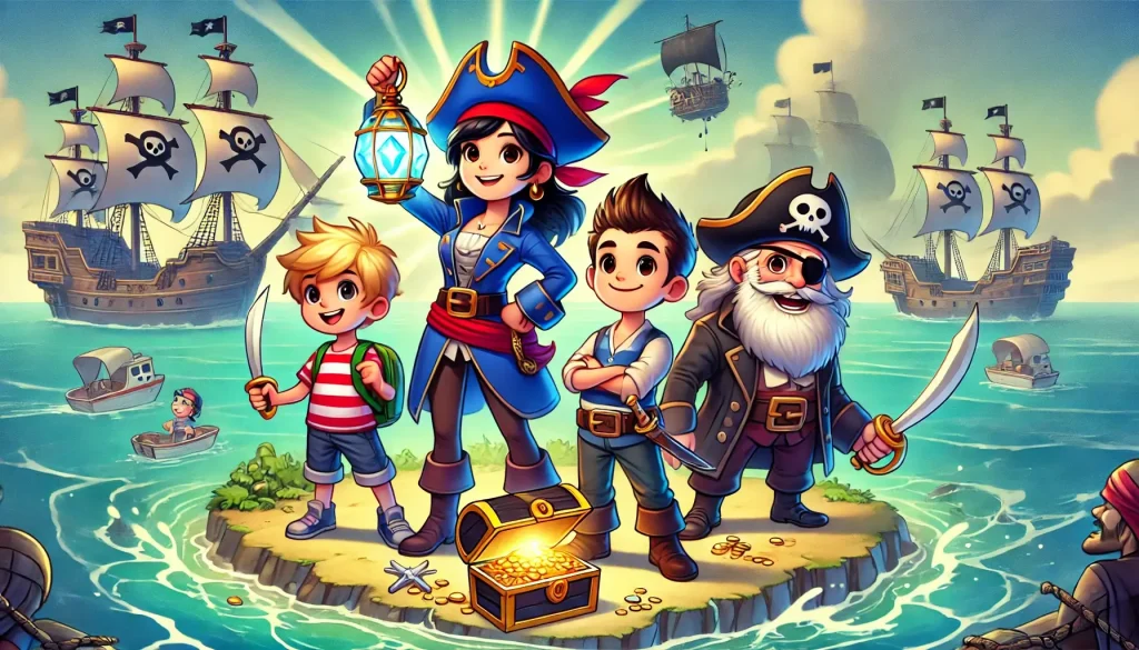 Captain Mira and her pirate crew standing on a mysterious island with treasure chests, sea waves in the background, and Captain Mira holding a glowing crystal lantern.
