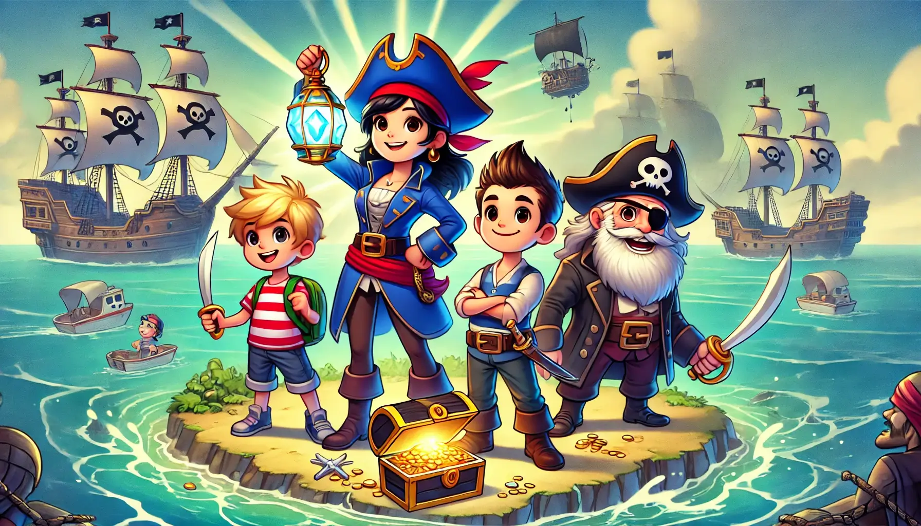 Captain Mira and her pirate crew standing on a mysterious island with treasure chests, sea waves in the background, and Captain Mira holding a glowing crystal lantern.