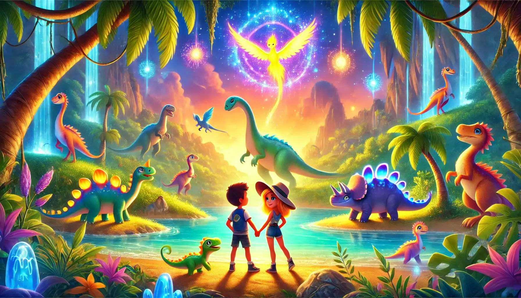 The new image featuring Max and Luna on their adventure to Dino Island is ready. The scene captures the magical essence of their journey surrounded by dinosaurs and tropical plants, with a glowing aura and a sunset in the background.